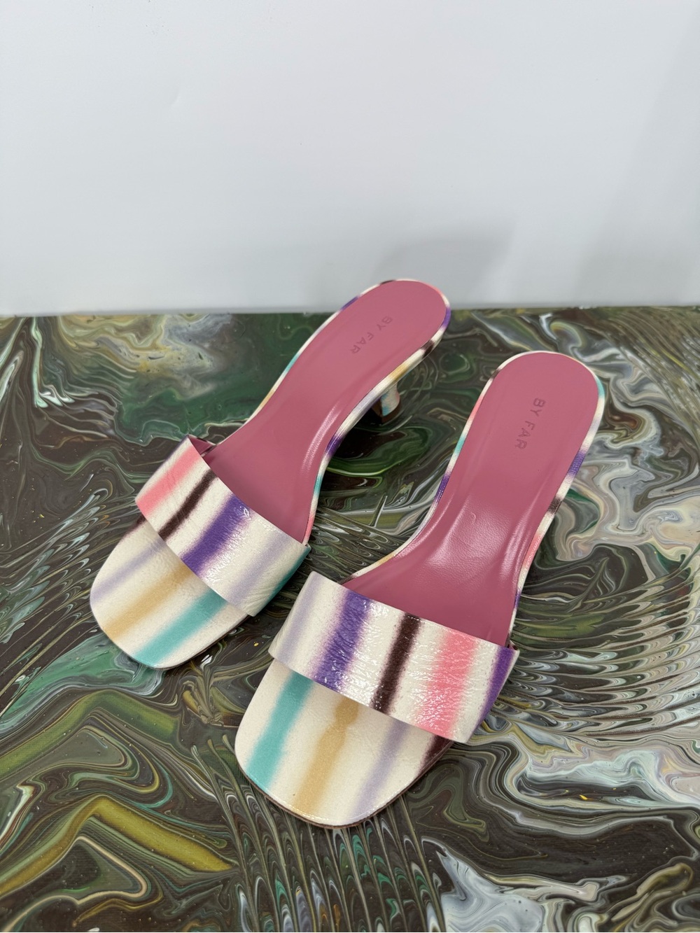 BY FAR Freddy 40 Mules in Spray Print Leather Size 38